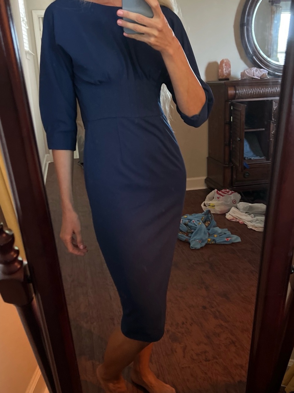 ANTONIO MELANI Navy Fitted Midi Dress with Three-Quarter Sleeves